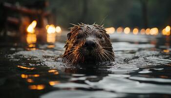 ai gerado fofa leão natação, olhando às Câmera, brincalhão embaixo da agua gerado de ai foto