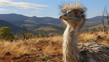 ai gerado avestruz, emu, e animais selvagens dentro África, encarando às Câmera gerado de ai foto