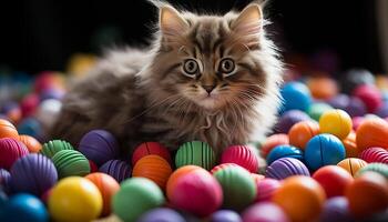 ai gerado fofa gatinho jogando com uma brinquedo bola, encarando às Câmera gerado de ai foto