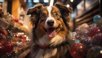 ai gerado fofa cachorro sentado, olhando às Câmera, cercado de Natal luzes gerado de ai foto