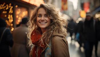 ai gerado uma alegre jovem mulher, sorridente, olhando às Câmera, desfrutando inverno gerado de ai foto