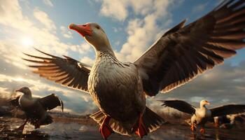 ai gerado gaivota vôo livremente dentro a azul céu às pôr do sol gerado de ai foto