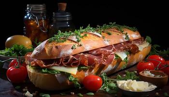 ai gerado frescor e gourmet dentro uma grelhado carne sanduíche em ciabatta gerado de ai foto