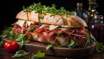 ai gerado fresco ciabatta sanduíche com prosciutto, tomate, e mozzarella em mesa gerado de ai foto