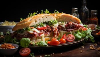 ai gerado frescor em uma prato grelhado ciabatta sanduíche com carne de porco e legumes gerado de ai foto