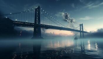 ai gerado famoso ponte reflete cidade Horizonte às crepúsculo, iluminador azul noite gerado de ai foto