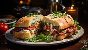 ai gerado grelhado carne em ciabatta, fresco salada, caseiro hamburguer em prato gerado de ai foto