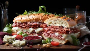 ai gerado grelhado carne e carne de porco sanduíche em rústico ciabatta pão gerado de ai foto