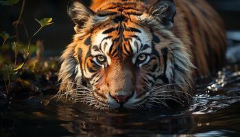 ai gerado majestoso tigre olhando fixamente, Perigo dentro Está olhos, beleza dentro natureza gerado de ai foto