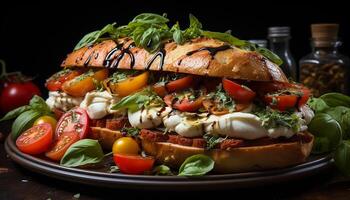 ai gerado fresco gourmet refeição grelhado carne em ciabatta com salada gerado de ai foto