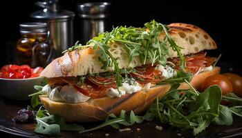 ai gerado frescor em prato grelhado ciabatta, tomate, mussarela, prosciutto, salada gerado de ai foto