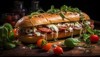 ai gerado frescor em uma prato grelhado carne sanduíche com tomate e salada gerado de ai foto