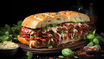 ai gerado grelhado carne sanduíche em ciabatta, fresco salada, e tomate fatia gerado de ai foto