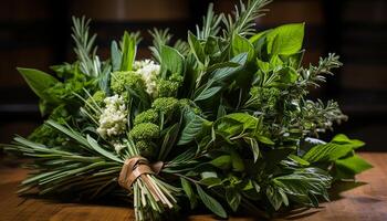 ai gerado frescor do natureza dentro uma ramalhete do verde plantas e flores gerado de ai foto