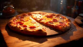 ai gerado recentemente cozido pizza em de madeira mesa, uma fatia do céu gerado de ai foto