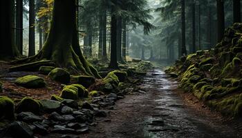 ai gerado tranquilo cena nebuloso floresta, misterioso outono, molhado folha, verde beleza gerado de ai foto