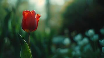 ai gerado vibrante vermelho rosa dentro cheio flor banhado dentro suave natural luz foto