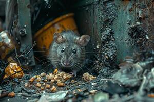 ai gerado uma rato comendo Comida dentro uma imundo lixo bin ,ai gerado foto