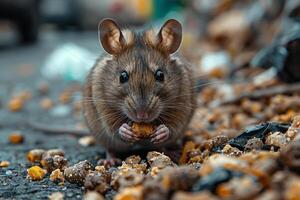 ai gerado uma rato comendo Comida dentro uma imundo lixo bin ,ai gerado foto