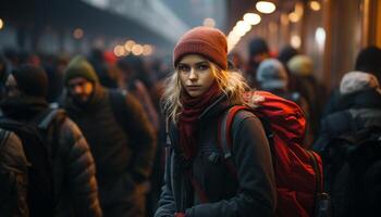 ai gerado jovem adultos dentro caloroso roupas caminhando ao ar livre dentro inverno cidade gerado de ai foto