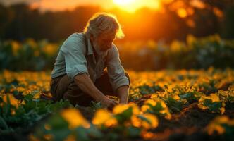 ai gerado agricultor ajoelha-se dentro campo às pôr do sol foto