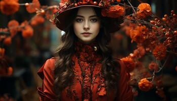 ai gerado lindo mulher dentro tradicional vestir, sorridente, cercado de outono folhas gerado de ai foto