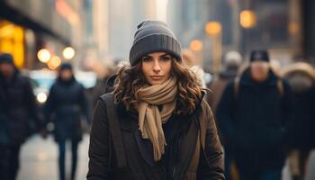 ai gerado jovem mulheres caminhando dentro a cidade, sorridente, vestindo caloroso roupas gerado de ai foto