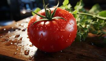 ai gerado fresco tomate fatia em de madeira mesa, saudável e delicioso gerado de ai foto