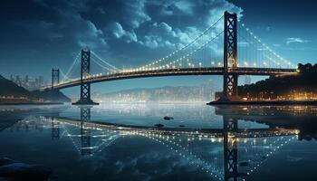 ai gerado famoso ponte ilumina cidade Horizonte, refletindo dentro água às noite gerado de ai foto