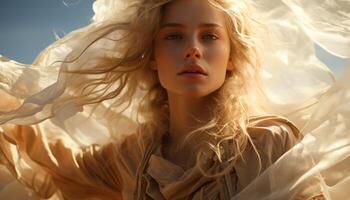 ai gerado jovem mulher com grandes loiro cabelo desfrutando a pôr do sol ao ar livre gerado de ai foto