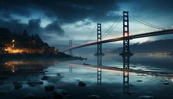 ai gerado famoso ponte reflete cidade Horizonte, iluminado de azul crepúsculo gerado de ai foto