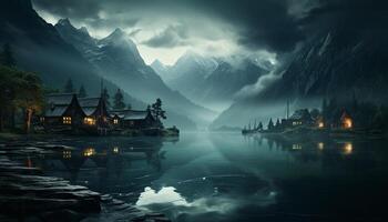 ai gerado tranquilo cena montanha pico reflete dentro escuro, misterioso água gerado de ai foto