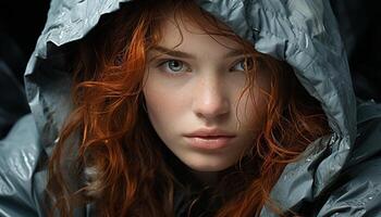 ai gerado jovem mulher dentro capa de chuva, olhando triste, segurando guarda-chuva dentro outono gerado de ai foto