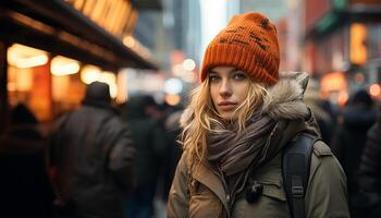 ai gerado jovem mulher caminhando dentro a cidade, confiante dentro dela inverno casaco gerado de ai foto