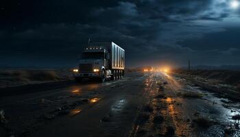 ai gerado caminhão entregando frete, dirigindo em Nevado montanha rodovia às crepúsculo gerado de ai foto