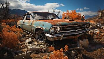 ai gerado oxidado vintage carro abandonado dentro velho rural ferro-velho gerado de ai foto