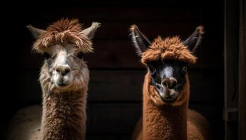 ai gerado fofa alpaca e asno sorridente em uma rural Fazenda gerado de ai foto