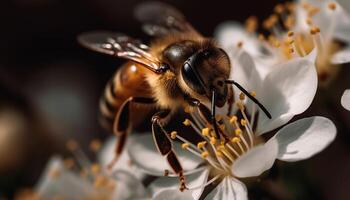 ai gerado ocupado querida abelha colecionar pólen a partir de uma amarelo flor gerado de ai foto