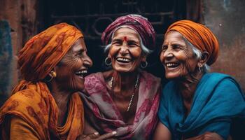 ai gerado sorridente mulheres dentro tradicional roupas comemoro felicidade e união gerado de ai foto