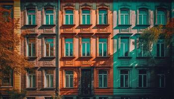 ai gerado vibrante cidade rua reflete moderno arquitetura dentro iluminado arranha-céus gerado de ai foto