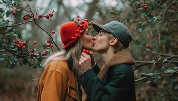 ai gerado jovem casal abraçando ao ar livre, sorridente, desfrutando natureza, amor e felicidade gerado de ai foto