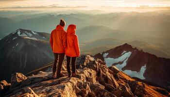 ai gerado dois homens caminhada, desfrutando natureza beleza, mochilão através montanha picos gerado de ai foto