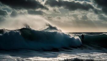 ai gerado homens surfar perigo, quebra ondas, spray silhueta, molhado areia movimento gerado de ai foto