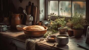 ai gerado rústico caseiro pão em de madeira mesa dentro velho casa de fazenda cozinha gerado de ai foto