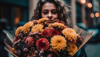 ai gerado uma alegre jovem mulher segurando uma fresco ramalhete, desfrutando natureza gerado de ai foto