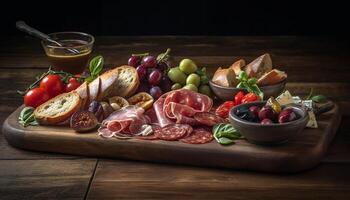 ai gerado rústico italiano almoço prosciutto, salame, ciabatta, tomate, Oliva, vinho gerado de ai foto