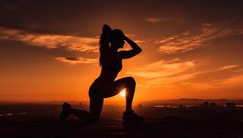 ai gerado jovem mulher praticando ioga às pôr do sol, abraçando natureza tranquilo beleza gerado de ai foto