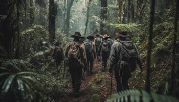 ai gerado grupo do armado homens caminhando dentro tropical floresta tropical, se escondendo e visando gerado de ai foto