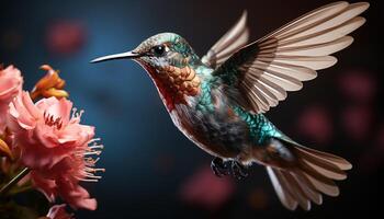 ai gerado beija Flor vôo, pairando meio ar, espalhando iridescente asas polinizando vibrante flores gerado de ai foto