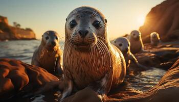 ai gerado fofa foca tocam em arenoso litoral às pôr do sol gerado de ai foto